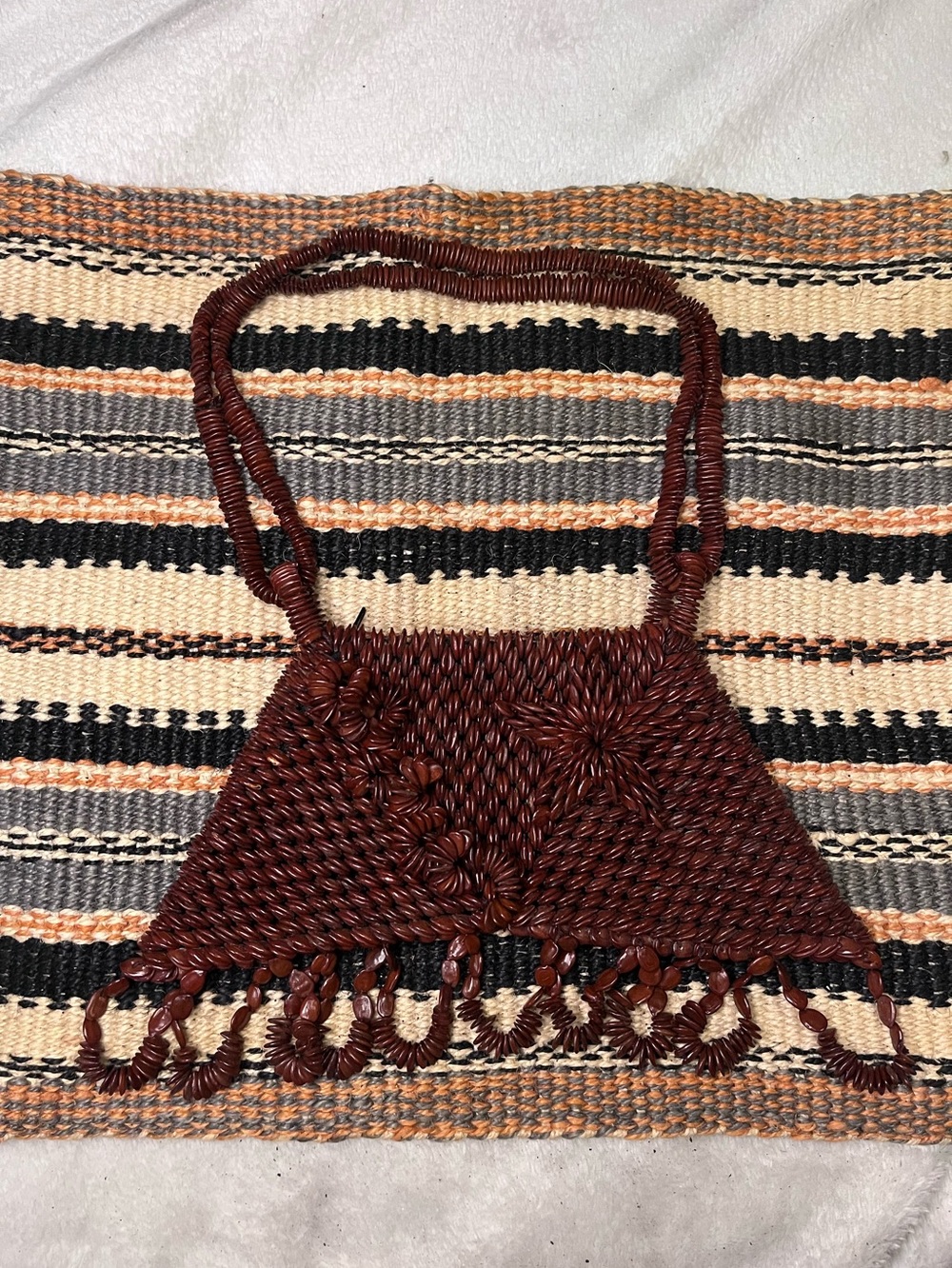 Vintage Apple Seeded Hand Bag Zipper Closure Fringe Trapezoid